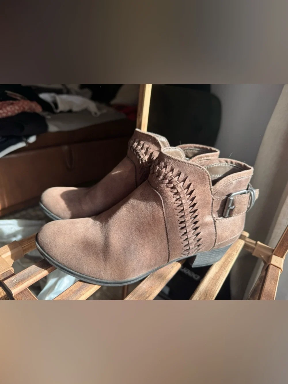 American Rag Cie Brown Ankle Booties Womens 6.5 Western Boho Buckle Stacked Heel
